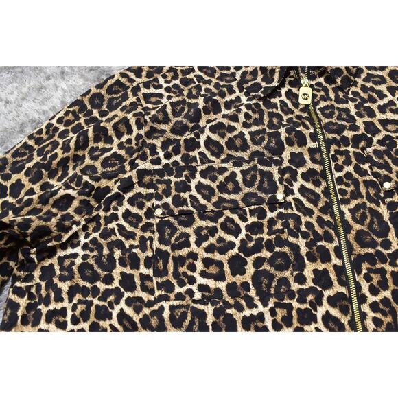 Michael Kors Brown Cheetah Button-Up Top, XL, Polyester Full Zip Long Sleeve - Picture 6 of 7